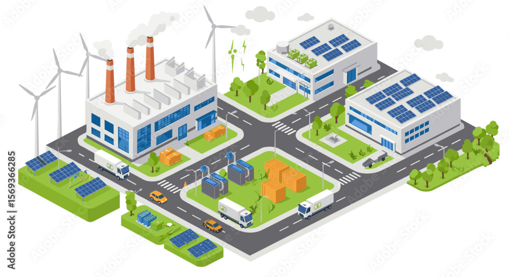 Fototapeta premium Sustainable energy vector illustration: isometric eco-friendly industrial scene with solar panels and wind turbines