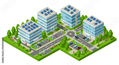 Urban sustainability concept vector illustration of eco-friendly buildings with solar panels in isometric style