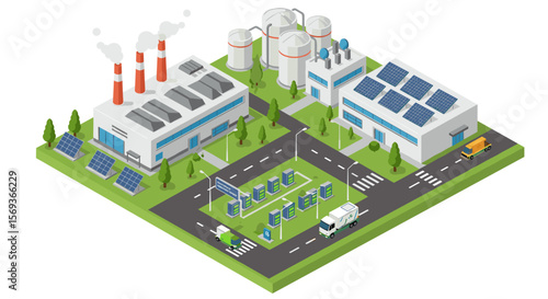 Sustainable energy isometric vector illustration of industrial and solar power plant scene for renewable energy design