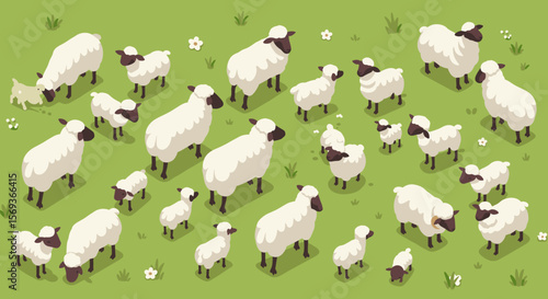 Isometric vector illustration of a sheep herd grazing on green pasture - design for print, poster, card
