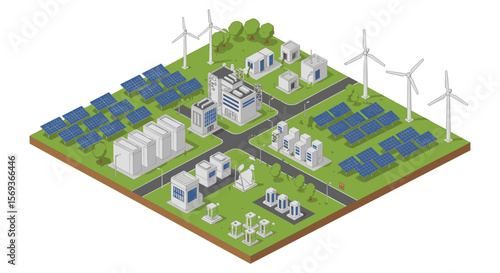 Sustainable energy isometric vector illustration: solar panels, wind turbines, eco-friendly urban design for renewable energy concepts