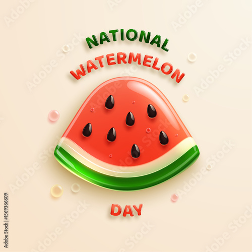 A piece of watermelon in glossy glass 3D style for National Watermelon Day. Vector illustration.