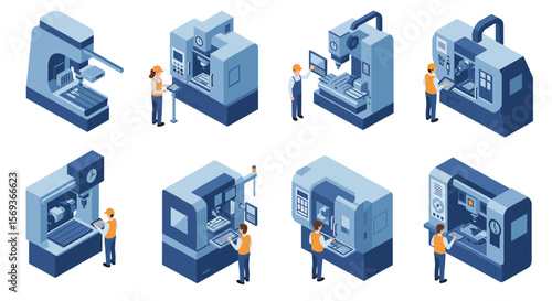 Isometric vector illustration of cnc machine operators working in a manufacturing setting for industrial design and training