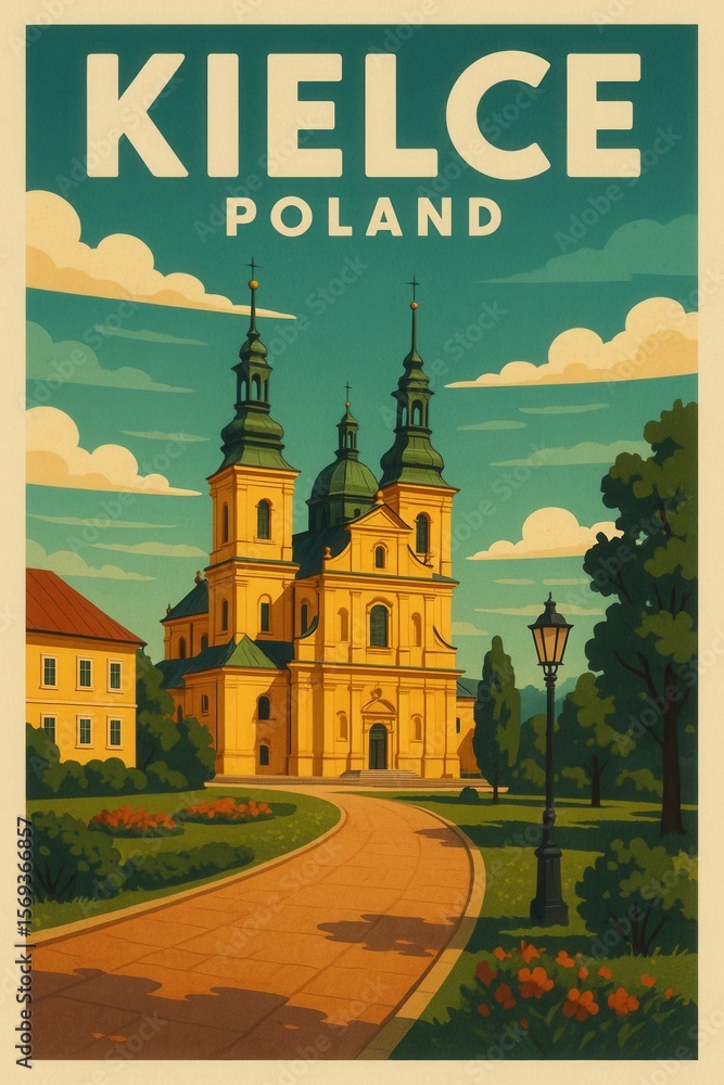 Fototapeta premium Illustrated view of Kielce, Poland, featuring a yellow baroque church with twin towers and a green dome, garden path, lamppost, and trees under a cloudy sky