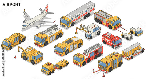 Isometric airport vehicles vector illustration for transportation and emergency services design