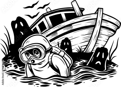 SVG design blending Halloween themes with a playful summer vibe. Diver Exploring Sunken Shipwreck with Ghostly Shadows Nearby