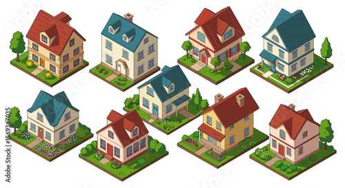 Charming suburban houses collection for real estate design in isometric vector illustration style