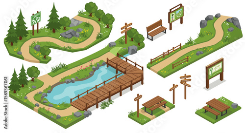 Isometric park scene with walking trails and signs vector illustration for design projects