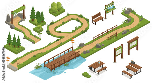 Isometric nature park trail vector illustration with pathway, signs, and benches for outdoor design