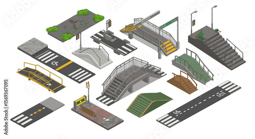 Isometric urban infrastructure vector illustration: bridges, stairs, and sidewalks for architectural design
