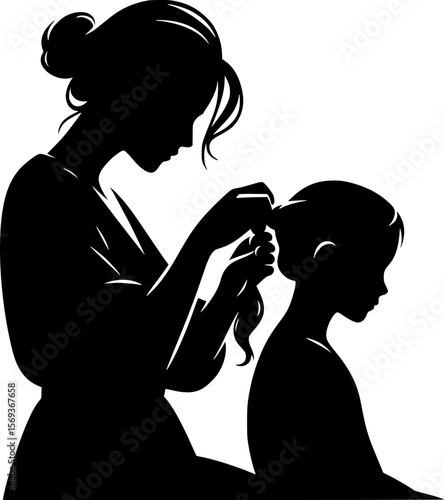 Mother gently braiding daughter’s hair, quiet and tender silhouette