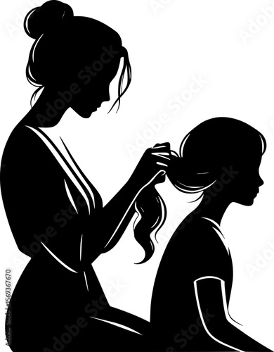 Mother gently braiding daughter’s hair, quiet and tender silhouette