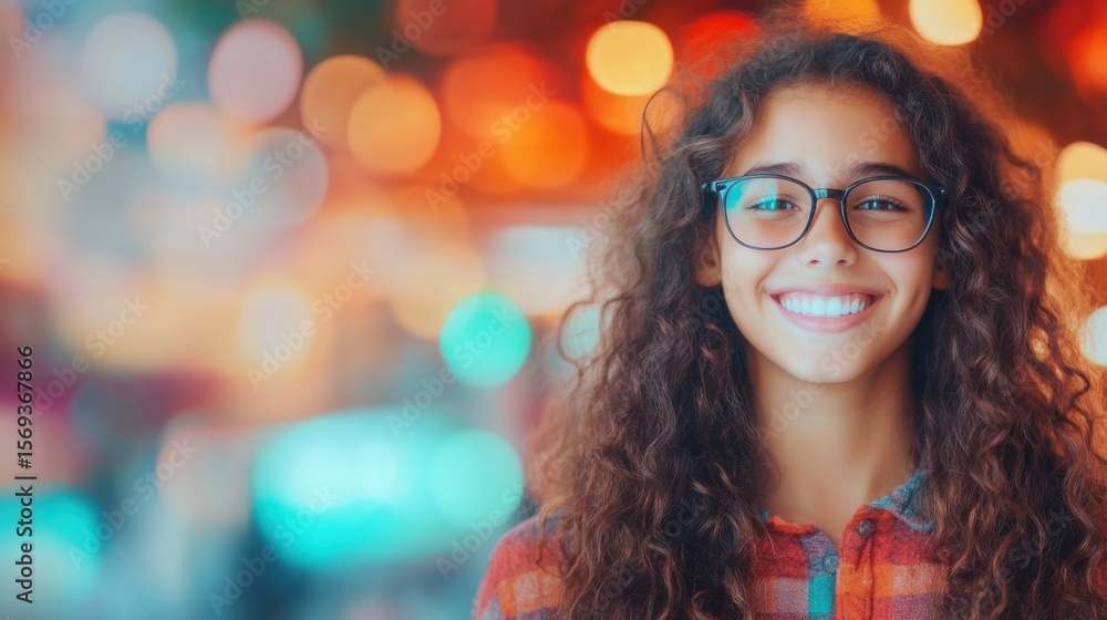 Young girl with glasses smiles brightly in a vibrant, colorful setting Young girl with glasses smiles brightly in a vibrant, colorful setting