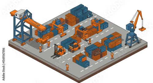 Isometric port container yard vector illustration for logistics design and industrial concepts