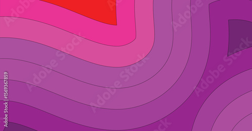 Abstract design featuring layered, curved shapes in shades of red, pink, and purple creating a topographic effect.