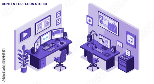 Isometric vector illustration of content creation studio setup for digital media