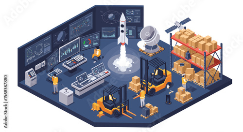 Isometric space launch control center vector illustration for technology and logistics design