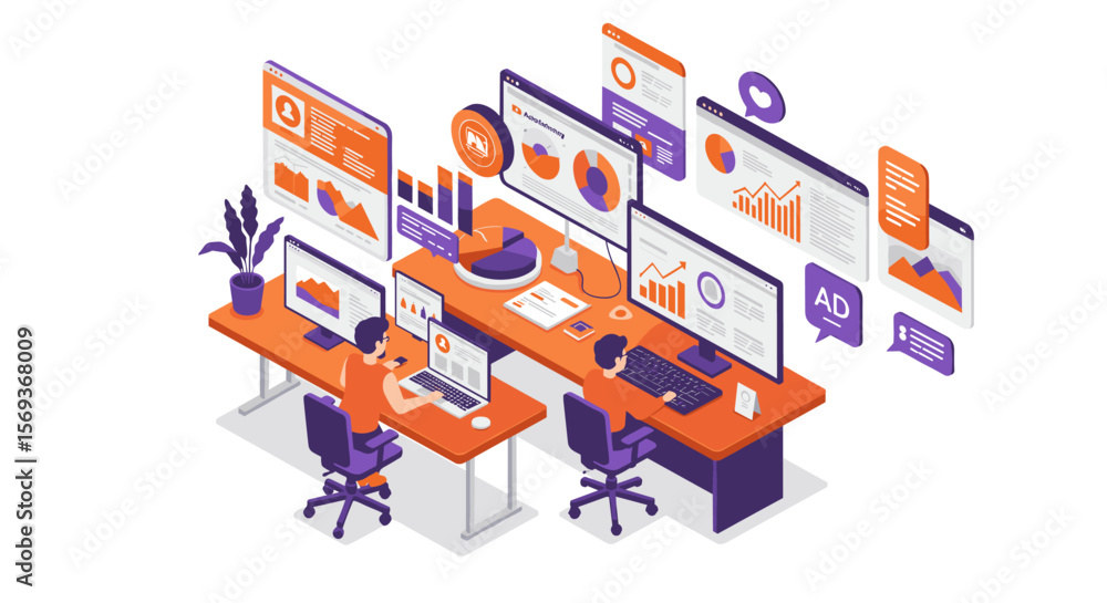 Fototapeta premium Isometric office workspace with data analysis and technology elements vector illustration for digital design