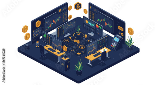 Cryptocurrency trading office isometric vector illustration for financial and business design
