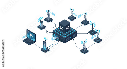 5g network communication vector illustration with devices and towers for technology designs