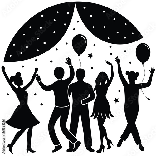 Silhouetted Revelry A Joyful Celebration with Dancers Balloons and Stars under a Festive Canopy creating a Dynamic and Energetic Atmosphere