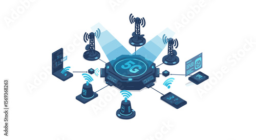 5g network technology vector illustration: wireless communication concept in isometric design for digital applications