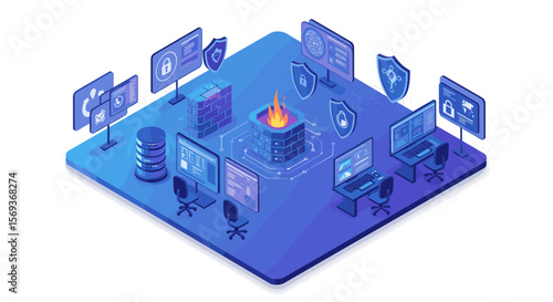 Cybersecurity network with firewalls and data protection systems in isometric vector illustration for tech design