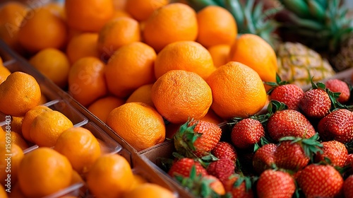 Fresh strawberries and oranges in market stand for fruit shopping nutrition healthy organic local produce theme