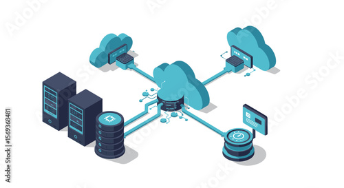 Cloud computing network vector illustration in isometric style for technology and data management design