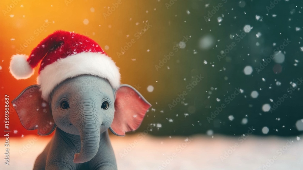 Baby elephant wearing a Santa hat in a snowy winter setting Baby elephant wearing a Santa hat in a snowy winter setting