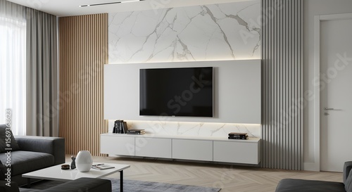 Modern Living Room with Entertainment Unit, Marble Accent Wall & Sofa