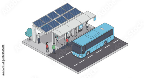 Sustainable public transport concept: isometric vector illustration of solar-powered bus station for eco-friendly urban design