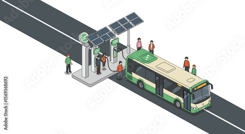 Isometric vector illustration of electric bus charging station for eco-friendly transport designs