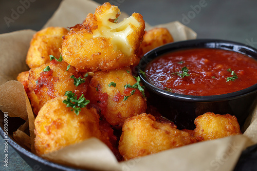 Delicious deep fried cheese curds dipped in fresh marinara sauce perfect snack