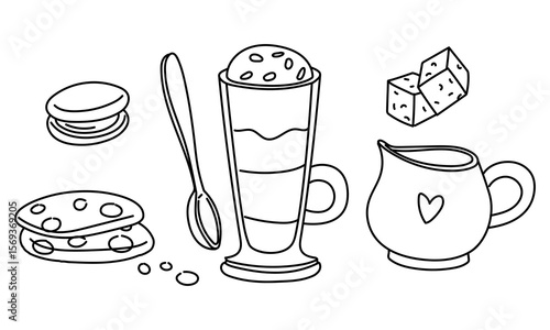 set in the style of doodles with mug of coffee, cookies, cream, sugar cubes. It is ideal for tea packaging design, kitchen accessories, cafes, culinary blogs, restaurants. Individual elements on white