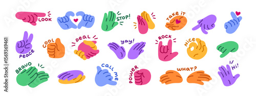 Set of hands with different gestures. Body language, signs of Hi, Stop, OK, handshake, peace and love. Colored palms are pointing and greeting. Flat isolated vector illustrations on white background