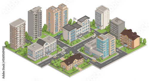 Isometric urban cityscape vector illustration with modern buildings for design and architecture projects