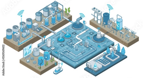Smart city water management vector illustration: industrial automation in isometric style