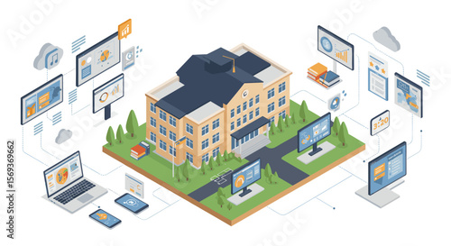 Isometric vector illustration of a digital smart school campus with online education tools and technology