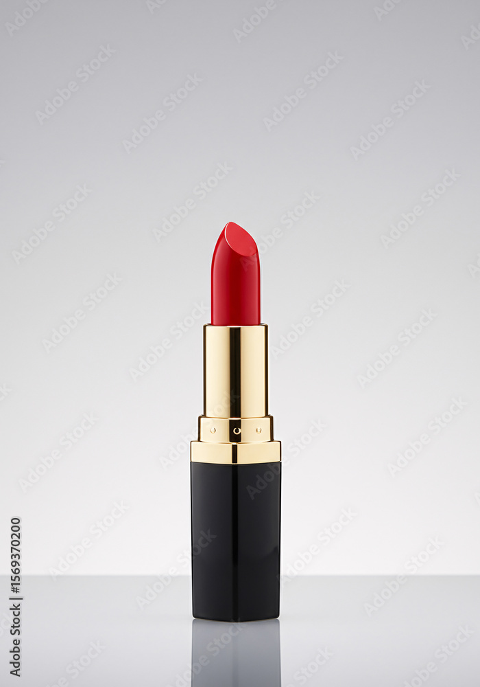Red Lipstick with Gold Accents on White Background Red Lipstick with Gold Accents on White Background