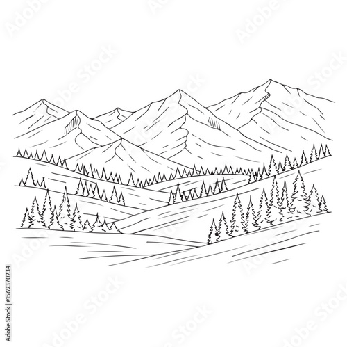 Minimalist Mountain Landscape Vector Line Drawing. AI generator 