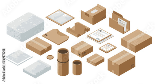 Isometric vector illustration of various cardboard packaging boxes and materials for shipping and storage solutions