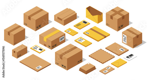 Isometric cardboard packaging vector illustration for shipping and delivery design