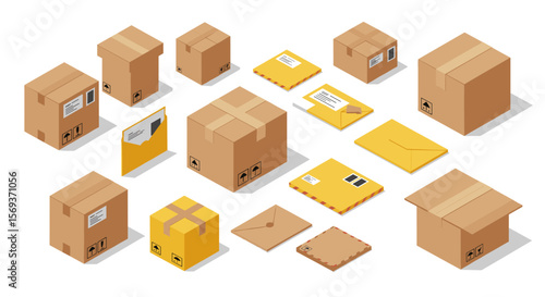 Isometric delivery and packaging boxes vector illustration for shipping concept design