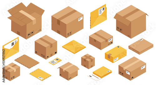 Packaging elements vector illustration: isometric boxes and envelopes for shipping and delivery design