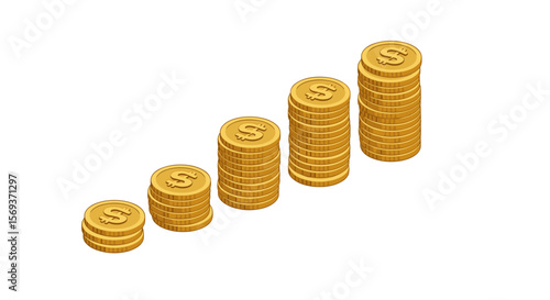 Growing financial success concept with stacked coins in isometric vector illustration design