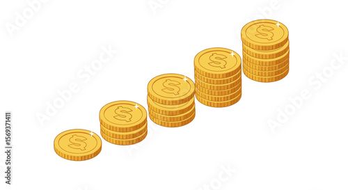 Growing wealth concept with stacked coins progression in isometric vector illustration for financial design