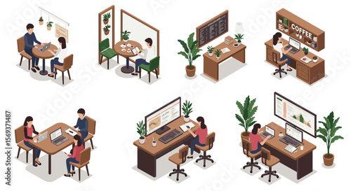Isometric vector illustration of office and coffee shop scenes for business and work environments