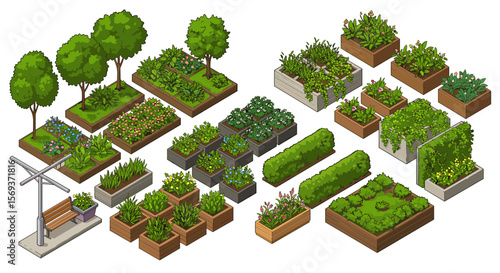 Isometric urban garden design vector illustration for landscape planning and green spaces