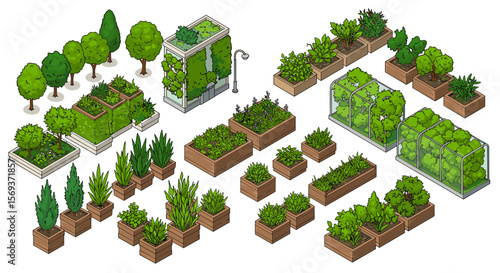 Greenery and garden elements vector illustration for landscape design and decoration in isometric style